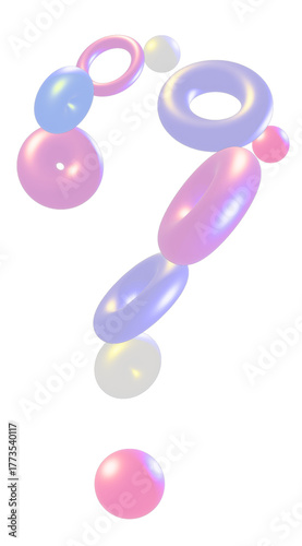 3D Holographic exclamation mark question mark Loops on Pastel Background. Glossy Glass Rings with Iridescent Light Effects	