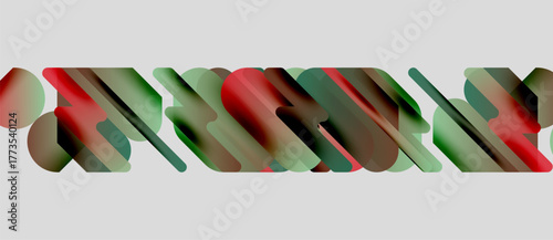 Abstract shapes overlap, creating dynamic visual effect. Red, green hues dominate neutral background. Modern design elements present.