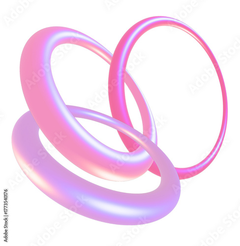 3D Holographic Donut Loops on Pastel Background. Glossy Glass Rings with Iridescent Light Effects	