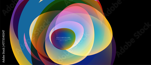 Abstract colorful layers create dynamic circular design. Vibrant hues blend, forming modern visual experience. Smooth gradients suggest movement, depth.