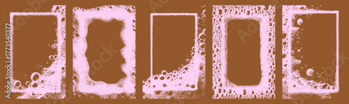 Pink soap frame set. Vintage detergent borders with foamy lather for cleaning packaging or retro cosmetic visual compositions.