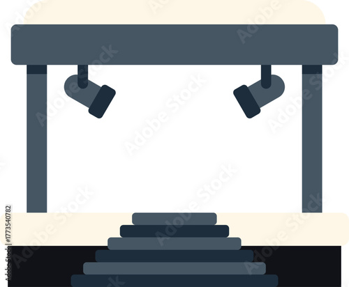 Podium stage with spotlights and stairs, creating an illuminated performance area, perfect for presentations, concerts, or fashion shows