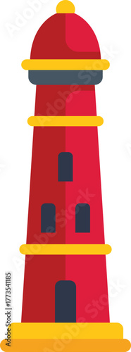 Red lighthouse standing tall on coastline, emitting bright light, providing safe passage for maritime navigation