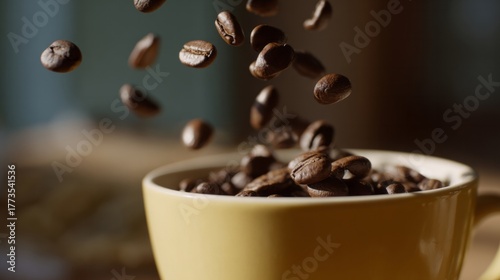 A cascade of coffee beans descends into an ochre cup, capturing the aromatic essence of International Coffee Day's caffeinated ritual