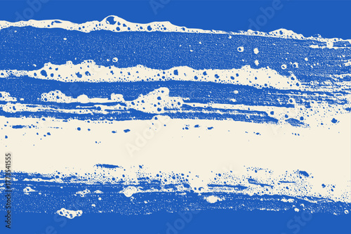 Blue foam soap smear texture. Grunge detergent stripe pattern with bubbles and water streaks. Vector overlay for bath, washing, or cosmetic product backgrounds.