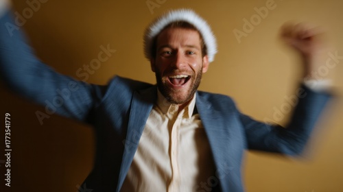 A jubilant Caucasian man in a Santa hat bursts with festive glee, embodying the spirit of Festivus and Yule