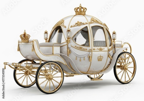 Elegant royal carriage with golden accents, a symbol of luxury and fairytale, isolated on white background