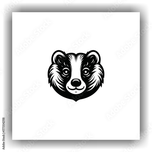 Honey badger head, minimalist black and white vector. The strong lines and sharp facial expression reflect strength, assertiveness and courage.
