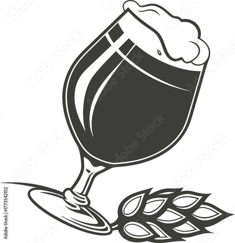 Dark beer glass silhouette with hops