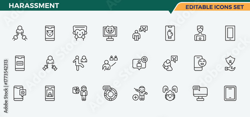 Harassment linear icon set. Pictograms of offend, abuse, sex, man, sexual, bullying, molest and more. Bullying vector line icon set. Minimal icons collection. Vector collections.