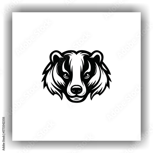 Honey badger head, minimalist black and white vector. The strong lines and sharp facial expression reflect strength, assertiveness and courage.