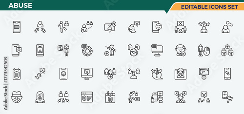 Abuse icon set in linear style. Contain linear sign sexual, offend, sex, hate, harassment, crime. Bullying linear icon set. Outline icons in linear style. Editable vector stroke.
