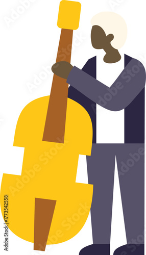 Jazz musician holding a double bass, simple colors and shapes, minimalist flat design