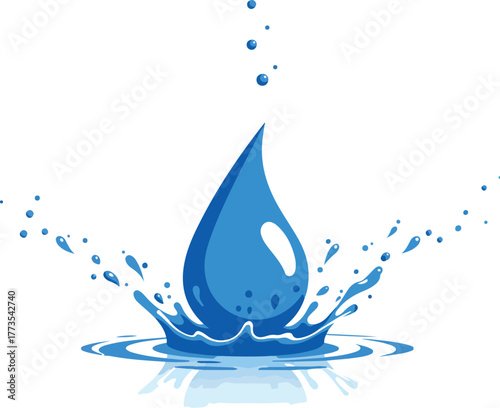 A blue water droplet with splashes on a white background, conveying a sense of freshness and purity.