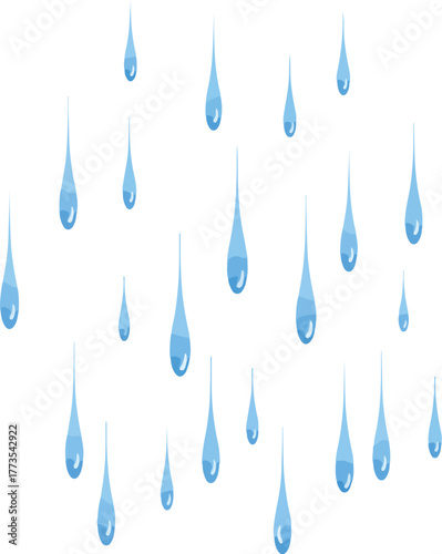 Multiple blue water droplets falling against a plain white background with a calming and serene mood.