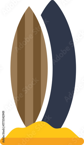 Two surfboards are standing upright on a patch of beach sand, ready for a day of surfing