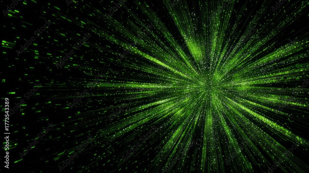 Fototapeta premium Luminous green energy bursts outward from a central point against black.
