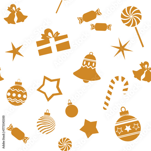Seamless texture with Christmas golden objects. Vector.