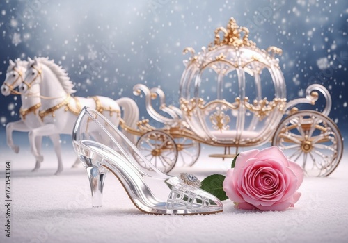 Enchanting cinderella story with glass slipper, carriage, horses, and pink rose on a snowy backdrop, evoking fairy tale magic and romance