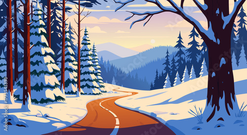 Scenic winter landscape with a winding road through snow-covered pine trees and rolling hills under a bright sky