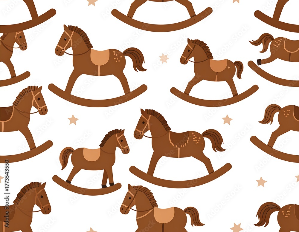Repeating pattern of brown rocking horses and stars