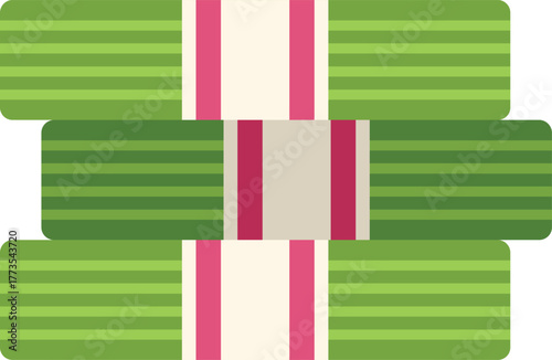 Three stacked pieces of lontong, showcasing the green rice cake wrapped in banana leaf, a staple of indonesian cuisine