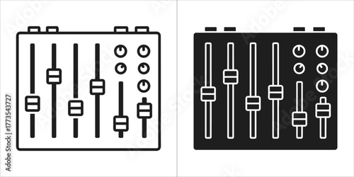 Two icons of a sound mixing console, one in outline and one in solid black