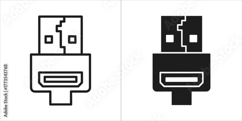 Two icons representing a usb connector, one in outline and one in solid black