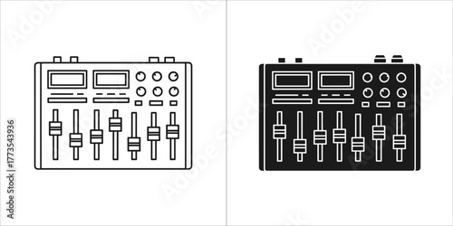 Set of two icons representing a sound mixing console, one in outline and one in solid black