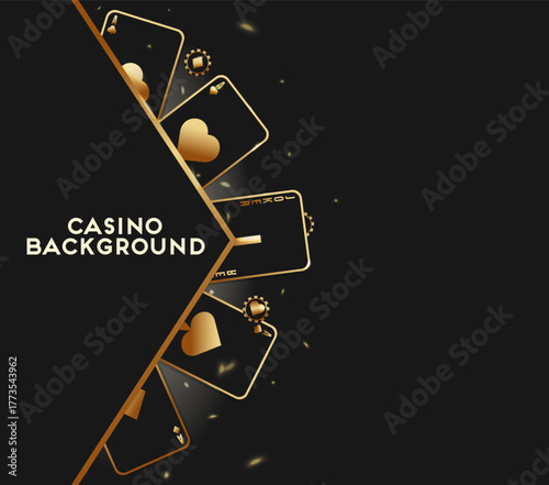 Casino background with text space and backlit playing cards in black and gold. VIP casino style background for websites, templates, banners, businesses, and vector illustrations.