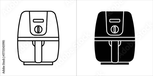 Set of two icons representing an air fryer, one in outline and one in solid black