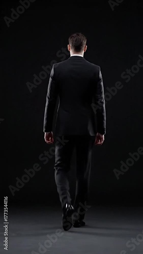 A man in a tailored suit walks away, back to camera, in a dark studio