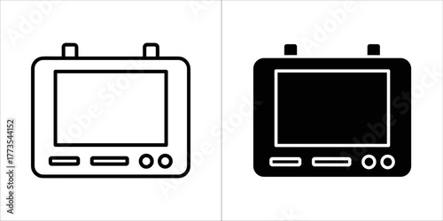 Two icons of a digital device with a screen and buttons, one outline and one filled