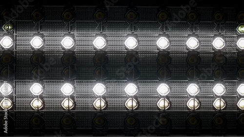 Dynamic stage lighting array illuminates a modern concert or event space with vibrant energy, creating captivating visual effects.. Ai generative video