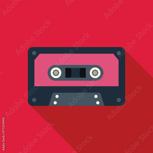 Pink audio cassette tape lying on a vibrant red background, evoking feelings of nostalgia for retro music and vintage technology