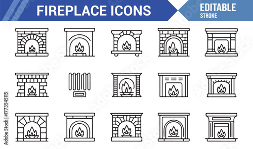 "Modern Fireplace Icon Collection – Minimal Outline Vectors for Home Decor and Architecture Themes"