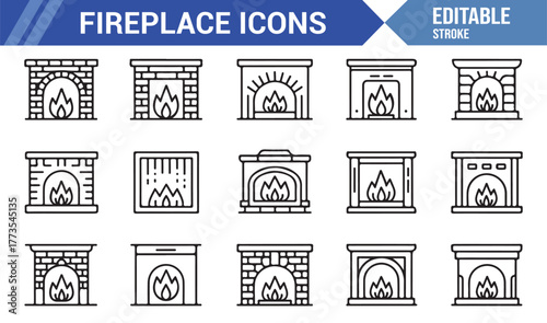 "Cozy Home Fireplace Vector Set – Line Art Illustrations for Heating and Winter Comfort"