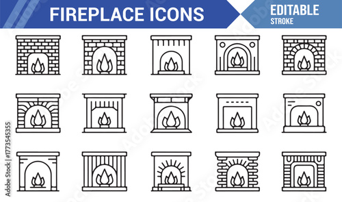 "Home Fireplace Icon Collection – Modern Outline Vector Set for Interior and Winter Design"