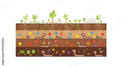 Cartoon Earthworms in Soil Layers with Smiling Faces and Segmented Bodies.