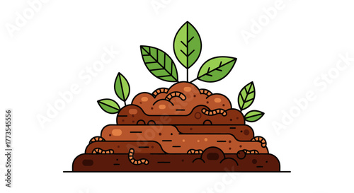Cartoon Soil Mound with Green Leaves and Worms Illustration.