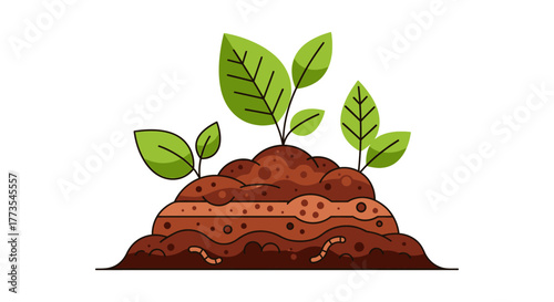 Cartoon Soil Mound with Seedlings and Worms Illustration.