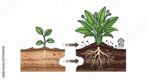 Illustrated Plant Growth Cycle Depicting Stages of Development and Decomposition.