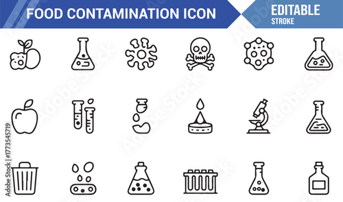 "Minimal Science Icon Pack – Food Contamination, Bacteria, and Chemical Line Art Vectors"