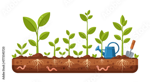 Growing Plants in Soil with Worms Watering Can and Gardening Tools.