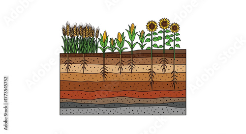 Layered Soil Profile with Wheat Corn and Sunflowers Illustration.