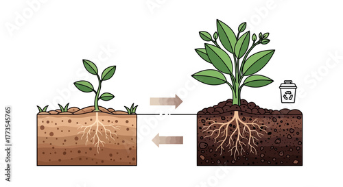 Plant Growth Cycle From Seedling to Mature Plant Illustrated Diagram.