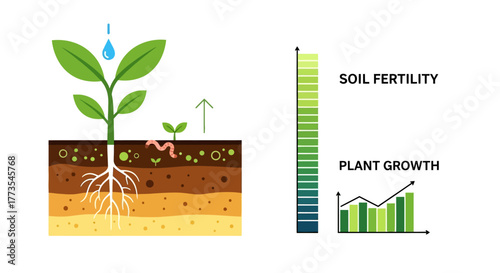 Plant Growth Illustration Soil Layers Roots Leaves and Water Drop.