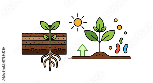 Plant Growth Stages with Soil Layers Sunlight and Nutrients Illustration.