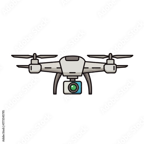 A flat vector icon of a modern quadcopter drone with a camera, designed for aerial photography and videography. Minimal 2d illustration on an isolated background