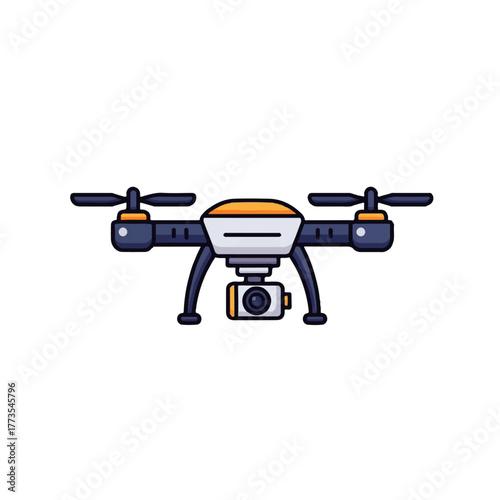 A modern quadcopter with a camera, depicted as a flat minimal 2D vector icon. This unmanned aerial vehicle is used for photography and surveillance